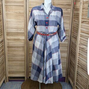 Strait Lane  VINTAGE Plaid Button-Up Dress with Red Accents & Belt Size 16